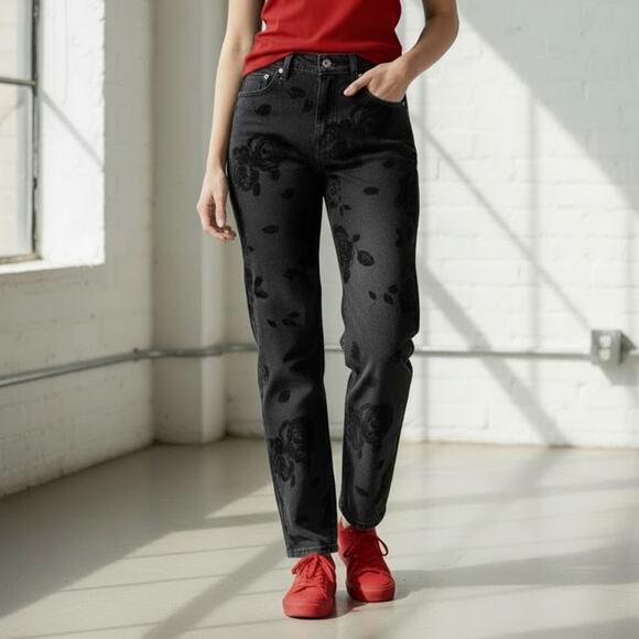 wild fable Denim - Wild Fable Black Floral Jeans High Rise Straight Leg Size 00 32” Inseam NWT